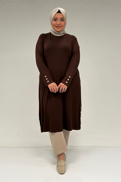 38015 Plus Size Button Detailed Combed Cotton Tunic - Brown