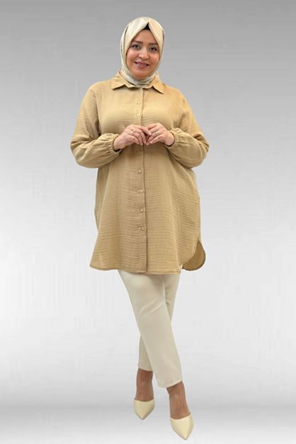 D-58091 Büyük Beden Kolları Lastikli Müslin Gömlek - Bej