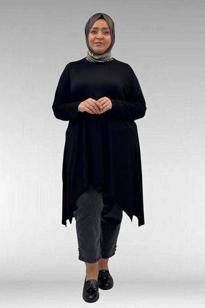D-58070 Büyük Beden Asimetrik Kesim Penye Tunik - Siyah
