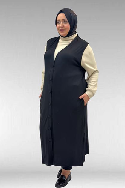 D- 54017 Büyük Beden kaplama Düğmeli Giy-Çık Penye Yelek - Siyah