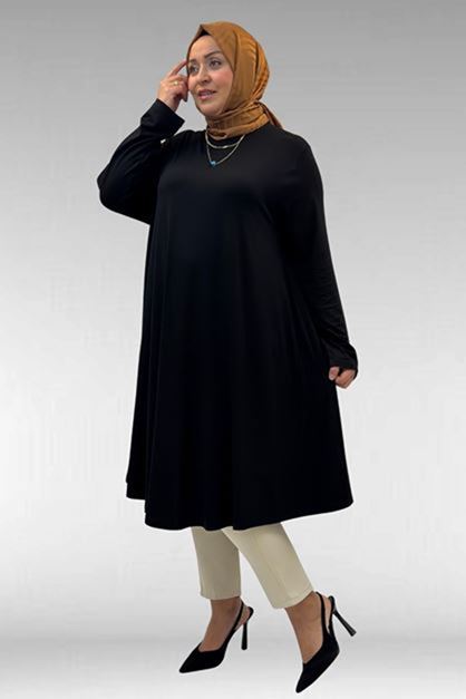 D-28016 Büyük Beden Mevlana Penye Tunik - Siyah