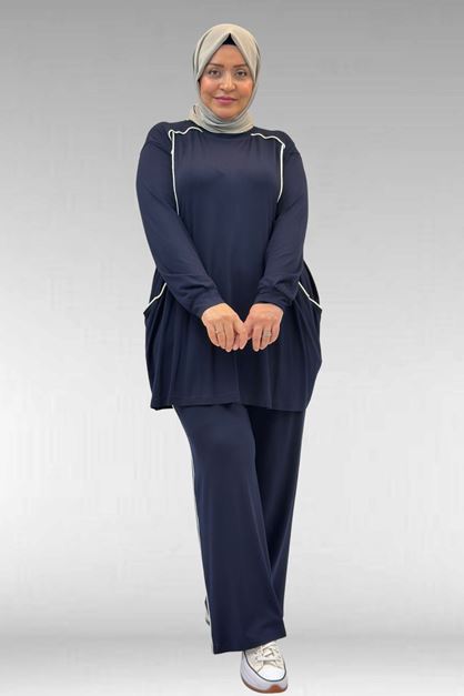 67012 Büyük Beden Biye Detaylı Penye Pantolonlu Takım - Lacivert