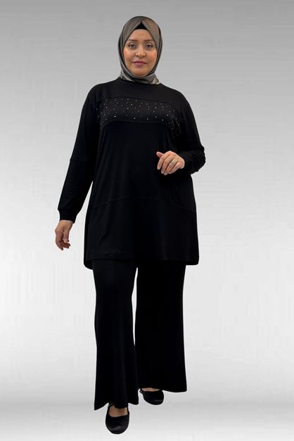 67021 Büyük Beden Taş Baskı Detaylı Parçalı Pantolonlu Takım - Siyah