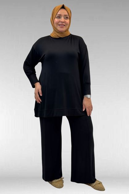 67007 Büyük Beden Kol Ve Etek Ucu Kendinden Ribanalı Pantolonlu Takım - Siyah