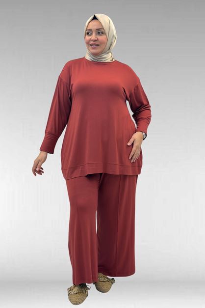 67007 Büyük Beden Kol Ve Etek Ucu Kendinden Ribanalı Pantolonlu Takım - Kiremit