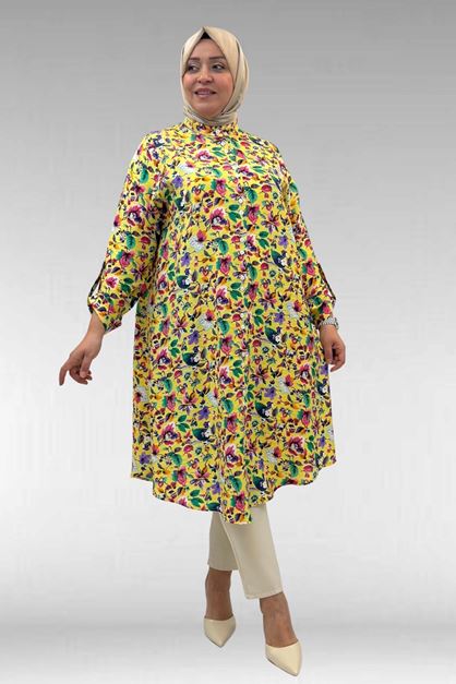 68014 Büyük Beden Hakimyaka Çift Düğmeli Mango Tunik - Desenli Sarı