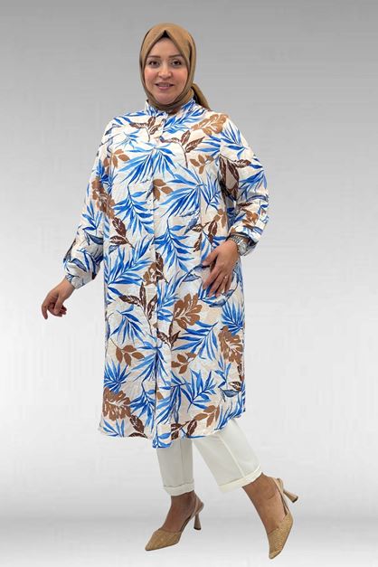 68014 Büyük Beden Hakimyaka Çift Düğmeli Mango Tunik - Desenli Haki