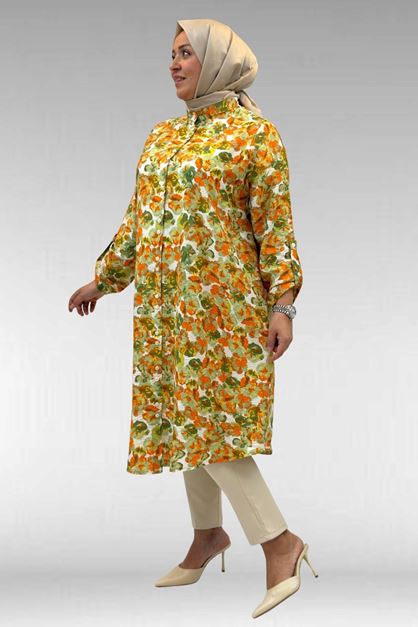 68014 Büyük Beden Hakimyaka Çift Düğmeli Mango Tunik - Çiçek Desen Yeşil