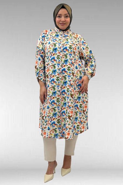 68014 Büyük Beden Hakimyaka Çift Düğmeli Mango Tunik - Desenli Taş