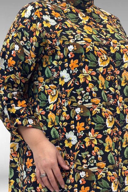 68014 Büyük Beden Hakimyaka Çift Düğmeli Mango Tunik - Desenli Siyah