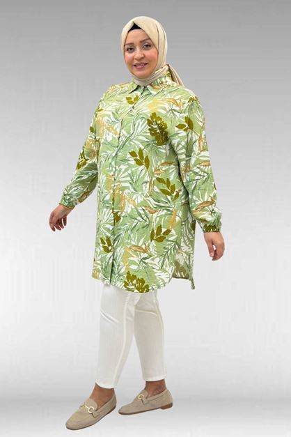 68010 Büyük Beden Yanları Yırtmaçlı Kolları Lastikli Mango Tunik - Desenli Haki
