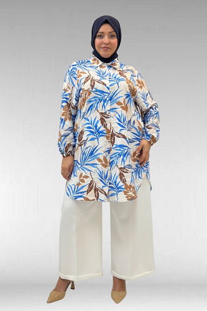 68010 Büyük Beden Yanları Yırtmaçlı Kolları Lastikli Mango Tunik - Yaprak Desen Vizon