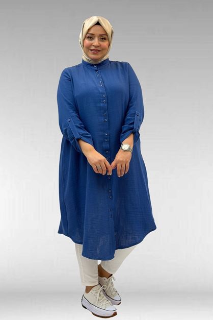 58092 Büyük Beden Çift Düğme Detaylı Müslin Gömlek - İndigo
