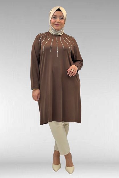 68002 Büyük Beden Önü Güneş Parıltılı Taş Baskılı Penye Tunik - Kahve