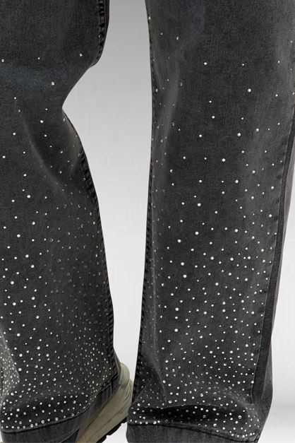 69001 Büyük Beden Beli Lastikli Cep Görünümlü Taşlı Kot Pantolon - Siyah