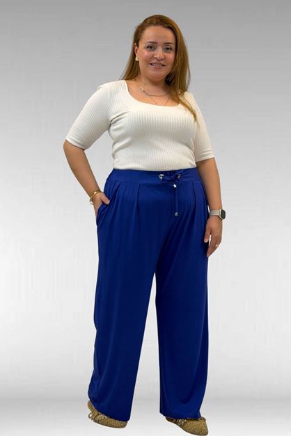 59002 Büyük Beden Pile Detaylı Penye Pantolon - İndigo