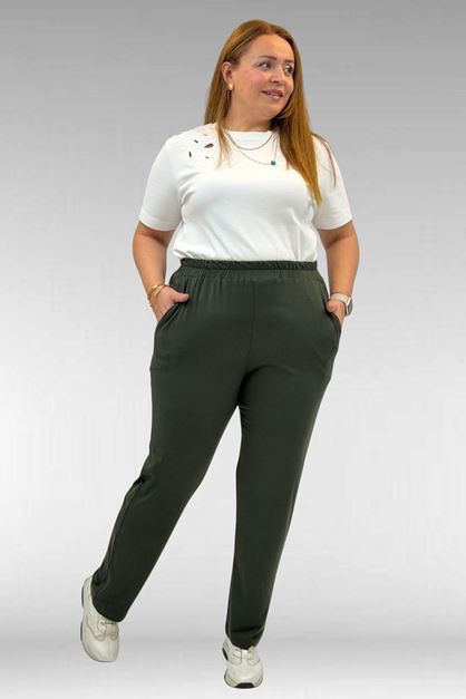 39001 Büyük Beden Yüksek Beli Lastikli Penye Pantolon - Haki