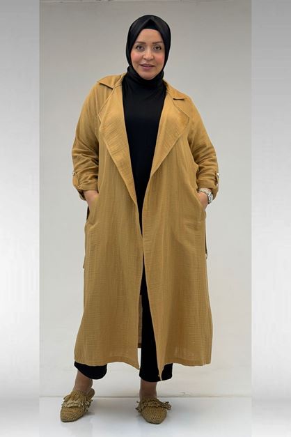 63006  Büyük Beden D Halka Detaylı Müslin Trençkot - Bisküvi