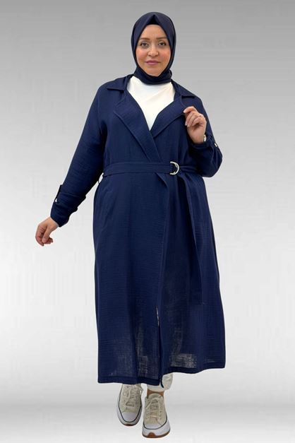 63006  Büyük Beden D Halka Detaylı Müslin Trençkot - Lacivert