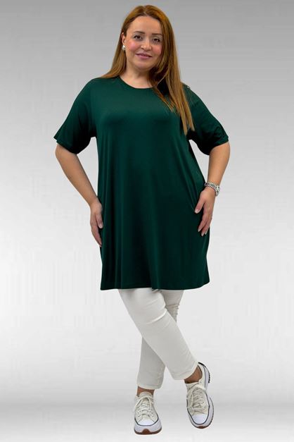 58507 Büyük Beden Yakası Biyeli Penye Tişört - Zümrüt