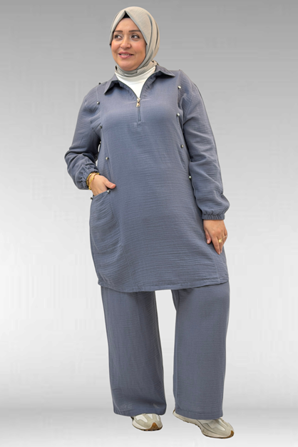 67020 Büyük Beden Yarım Fermuarlı Erkek Yakalı Müslin Pantolonlu Takım - Antrasit