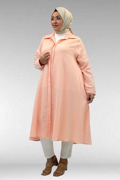 58093 Büyük Beden Mevlana Kesim Müslin Gömlek - Toz Pembe