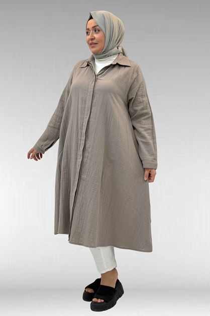 58093 Büyük Beden Mevlana Kesim Müslin Gömlek - Vizon