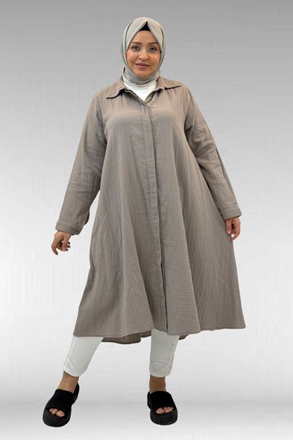 58093 Büyük Beden Mevlana Kesim Müslin Gömlek - Vizon