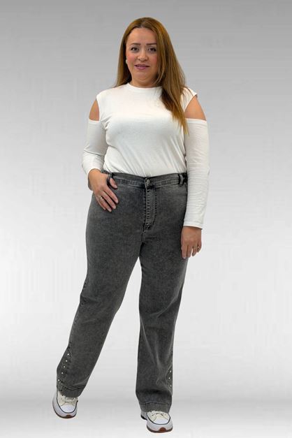 59024 Büyük Beden Paçasında Taş Detaylı Kot Pantolon - Antrasit