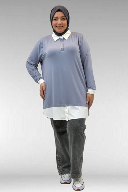 68028 Büyük Beden Kombinli -Manşetli Penye Tunik - Gri