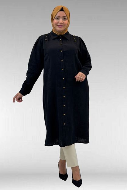 68021 Büyük Beden Düğme Detaylı Müslin Gömlek - Siyah