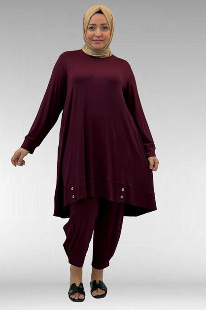 67041 Büyük Beden Düğme Detaylı Penye Pantolonlu Takım - Bordo