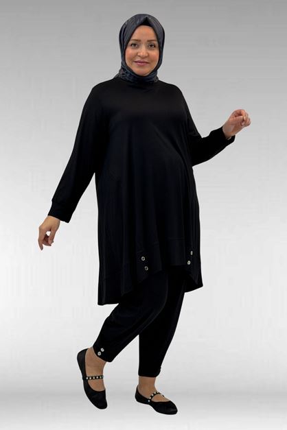 67041 Büyük Beden Düğme Detaylı Penye Pantolonlu Takım - Siyah