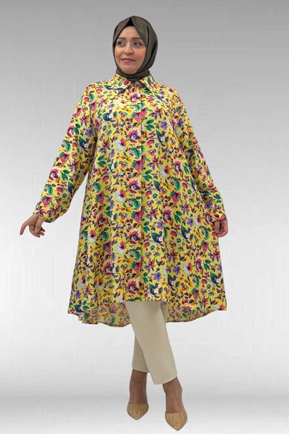 68015 Büyük Beden Mevlana Kesim Mango Gömlek - Desenli Sarı