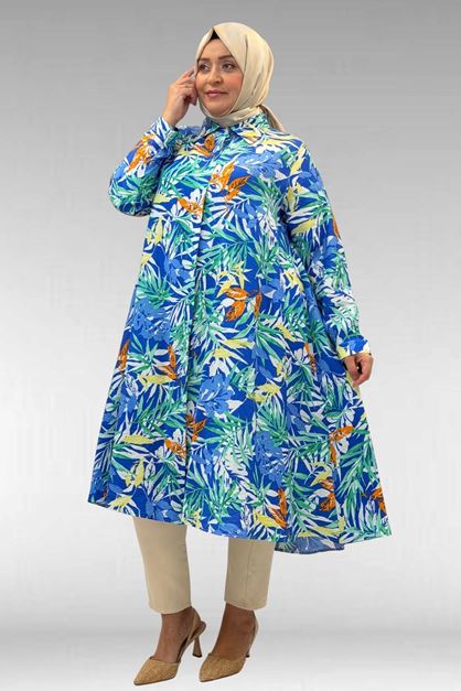 68015 Büyük Beden Mevlana Kesim Mango Gömlek - Desenli Saks