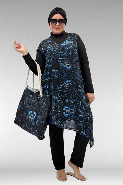 1723 Büyük Beden Uzunkol Şifon Pareolu Tesettür Mayo - Aqua Mavi