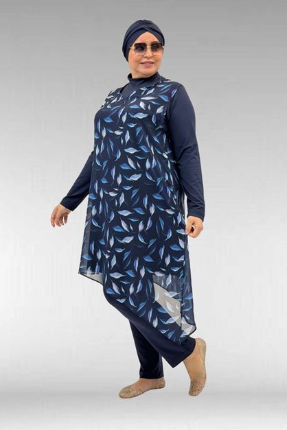1723 Büyük Beden Uzunkol Şifon Pareolu Tesettür Mayo - Yaprak Desenli Lacivert