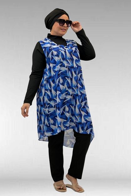 1723 Büyük Beden Uzunkol Şifon Pareolu Tesettür Mayo - Fırça Desen Saks-Siyah