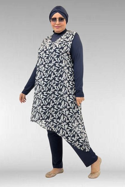 1723 Büyük Beden Uzunkol Şifon Pareolu Tesettür Mayo - Yaprak Desen Ekru-Laci