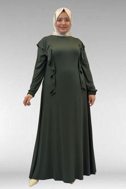 62003 Büyük Beden Omuzdan Aşağı Fırfır Detaylı Penye Elbise - Haki