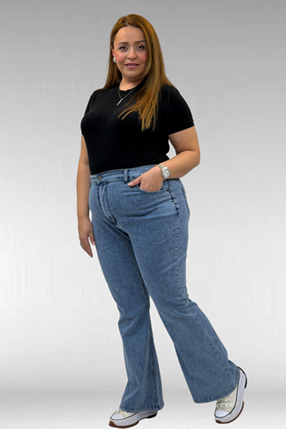 D-9110-11 Büyük Beden İspanyol Paça Kot Pantolon - Buz Mavi