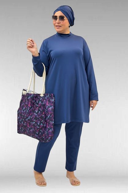 1740 Büyük Beden Düz Renk Tesettür Mayo - İndigo