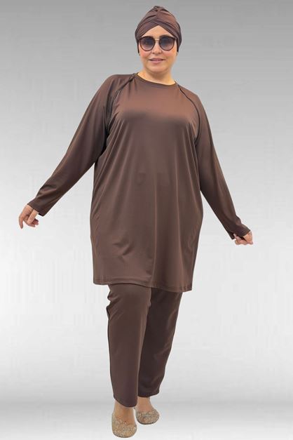 1741 Büyük Beden Kıstırma Biyeli Tesettür Mayo - Kahve