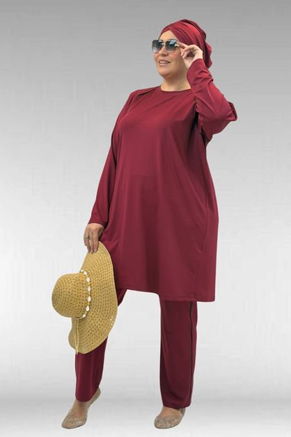1741 Büyük Beden Kıstırma Biyeli Tesettür Mayo - Bordo