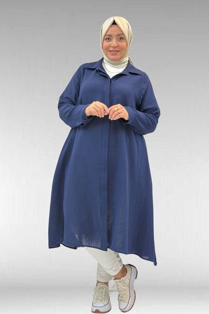 58093 Büyük Beden Mevlana Kesim Müslin Gömlek - Lacivert