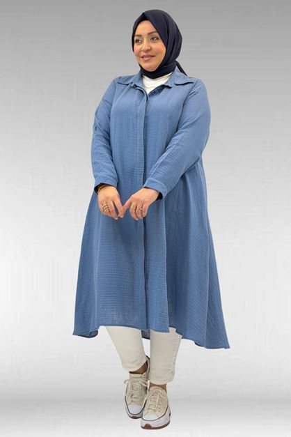 58093 Büyük Beden Mevlana Kesim Müslin Gömlek - Soğuk Mavi