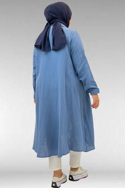 58093 Büyük Beden Mevlana Kesim Müslin Gömlek - Soğuk Mavi