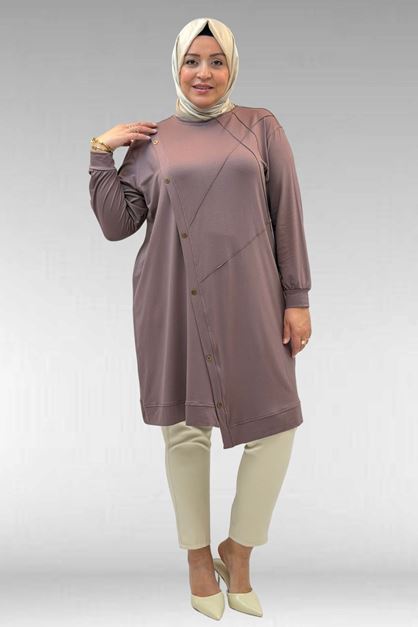 68006 Büyük Beden Pat Üzeri Düğme Detaylı Penye Tunik - Vizon
