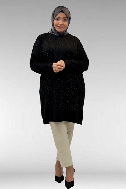 68001 Büyük Beden Önü Taş Baskı Detaylı Penye Tunik - Siyah