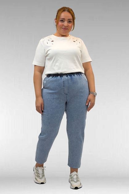 69002 Büyük Beden Beli Lastikli Darpaça Uzun Kot Pantolon - Açık Mavi